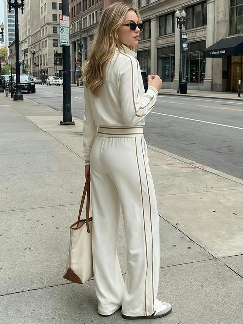 Casual White Long-Sleeved Top And Trousers Set